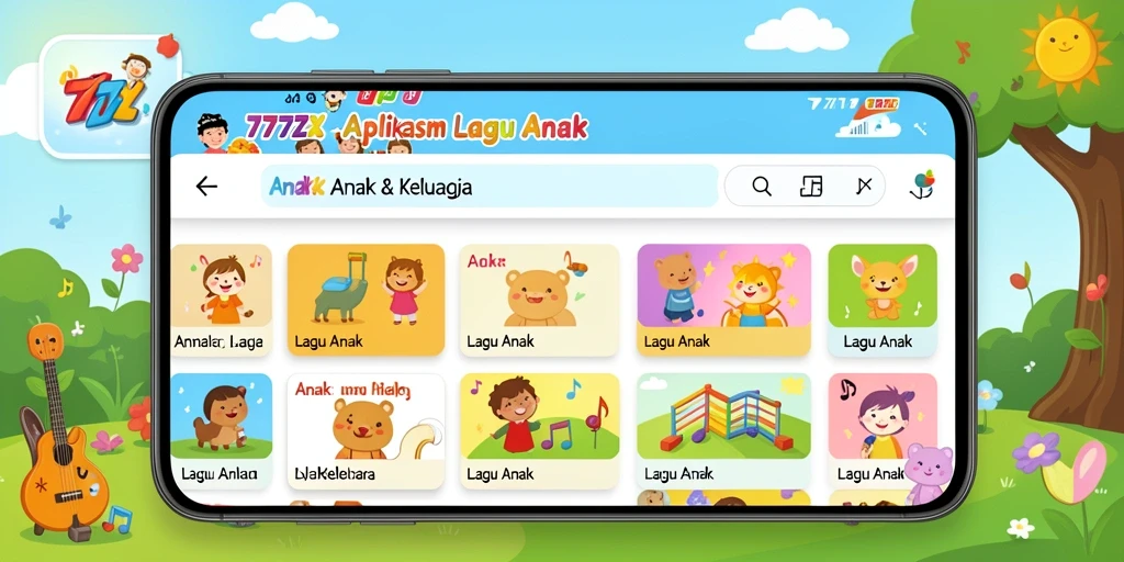Antarmuka aplikasi 777ZX menampilkan berbagai lagu anak yang ceria dan interaktif.