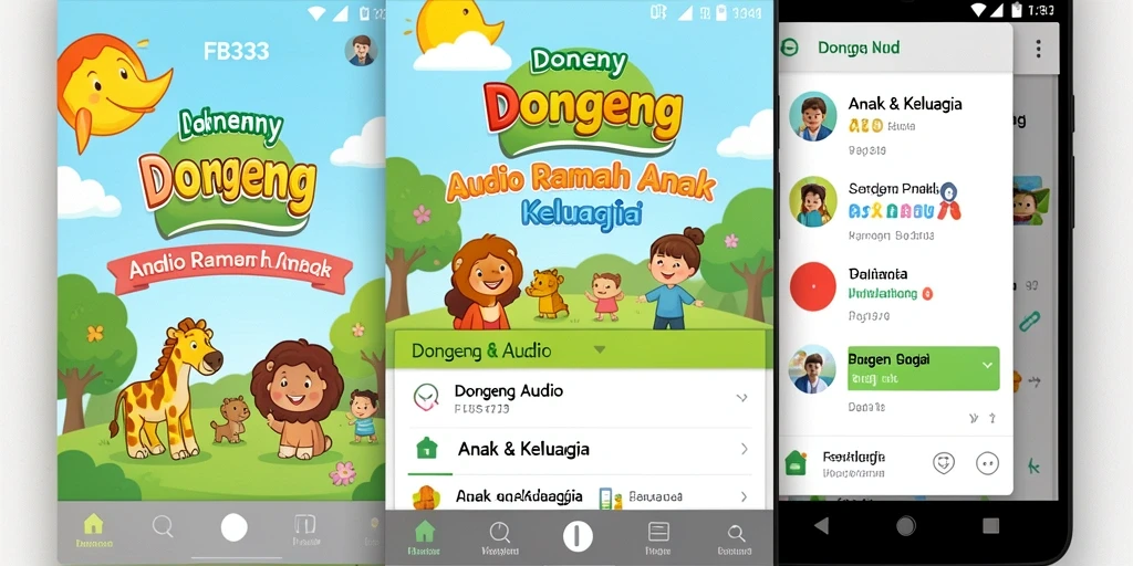Tampilan antarmuka aplikasi FB333 dengan berbagai fitur Dongeng Audio.